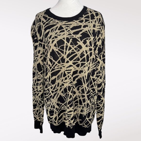 INC Metallic Knit Sweater Black Gold Pullover Crewneck Medium - Picture 1 of 9